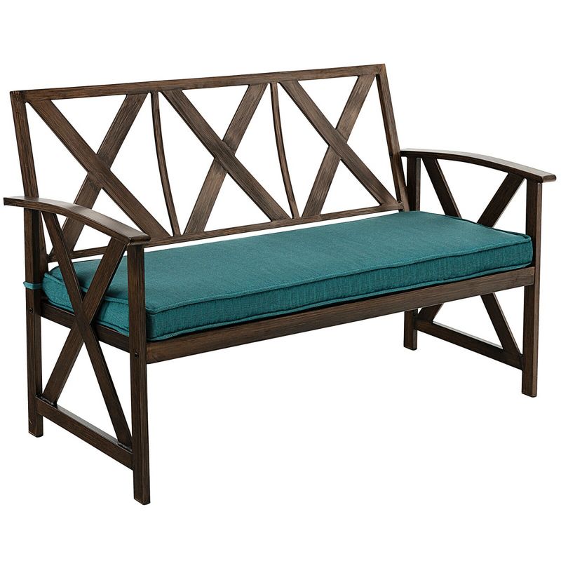 Tangkula 51.5" Outdoor Garden Bench Cushioned Patio Chair with Wood Grain Steel Frame, 1 of 8