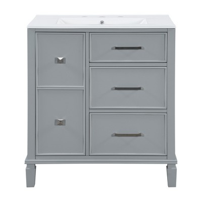 Vynxaria 30" Bathroom Vanities Gray Vanity with Flip-Out Drawer & Ceramic Basin