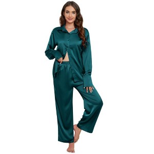 Women's Pajama Sets Button Down Long Sleeve 2025 Satin Loungewear Set Comfy Nightwear - 1 of 4