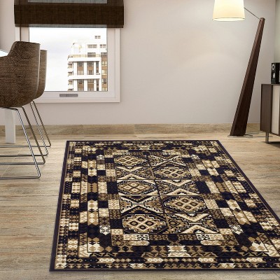 Ivory and Brown Geometric Synthetic Area Rug, 6'x9'