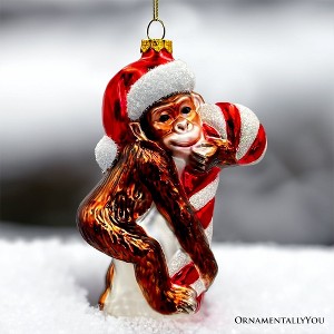 Cute Monkey with Candy Cane Glass Christmas Ornament, Adorable Chimp Holiday Tree Decor| OrnamentallyYou - 1 of 4