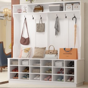 FUFU&GAGA Modern White Shoe Cubbies Wide Hall Tree With Hooks - 1 of 4