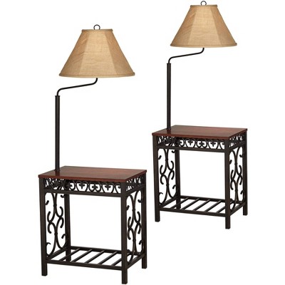 Regency Hill Farmhouse Traditional Floor Lamps Set of 2 with End Table Cherry Bronze Scrollwork Burlap Shades Decor Living Room