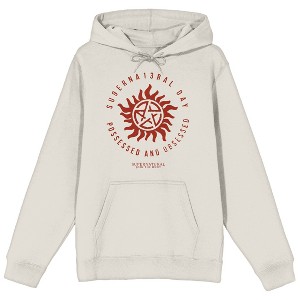 Supernatural Superna13ral Day Possessed And Obsessed Long Sleeve Sand Adult Hooded Sweatshirt - 1 of 3