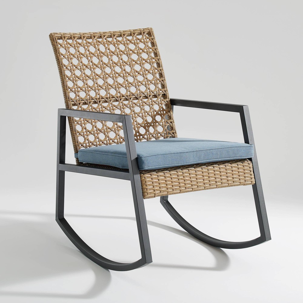 Komodo Modern Boho Faux Rattan & Metal Outdoor Rocking Chair with Cushion – Brown/Blue – Saracina Home  – Patio Decor​