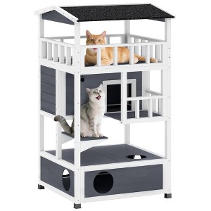 Skyzone Yellow Fir Wood Outdoor Cat Shelter with Asphalt Roof, Escape Doors, Jumping Platform & - 1 of 4