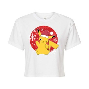 Women's - Pokémon - Pikachu Santa Hat Ugly Sweater Cropped Graphic T-Shirt - 1 of 4
