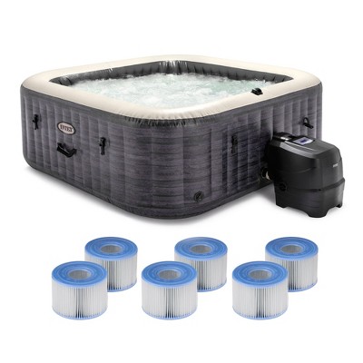 Intex PureSpa Plus Greystone Inflatable Square Outdoor Hot Tub Spa, 94 x 28" Bundled with Type S1 Easy Set Pool Filter Replacement Cartridge (6 Pack)