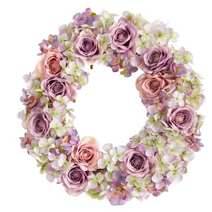 Nearly Natural 18” Rose and Hydrangea Artificial Wreath - 1 of 2