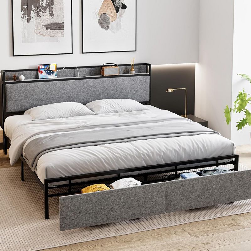 Whizmax Bed Frame with Storage Drawers, Platform Bed Frame with Upholstered Headboard and Outlets, No Box Spring Needed, Easy Assembly, Gray, 2 of 9