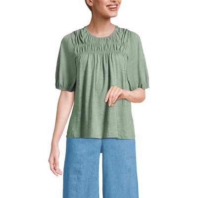 Lands' End Women's Smocked Crew Puff Sleeve Top