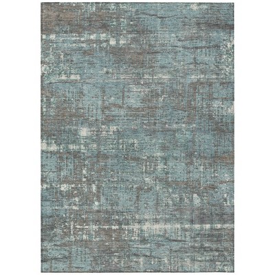 Taupe And Teal Blue Geometric Washable Indoor Outdoor Area Rug