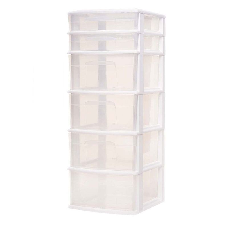 Homz Plastic 6 Clear Drawer Medium Home Organization Storage Container Tower with 4 Large Drawers and 2 Small Drawers, White Frame (2 Pack), 2 of 7