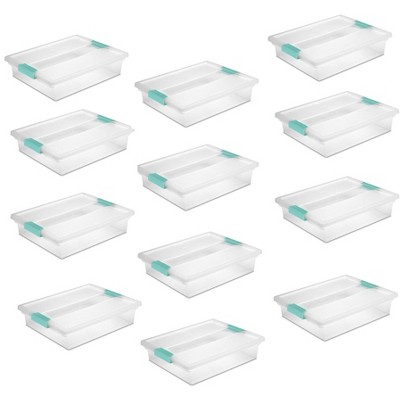Sterilite 5.7 Quart Stackable Clear Plastic Storage Tote Container w/ Clear Latching Lid & Blue Clips for Home & Office Organization, Clear (12 Pack)