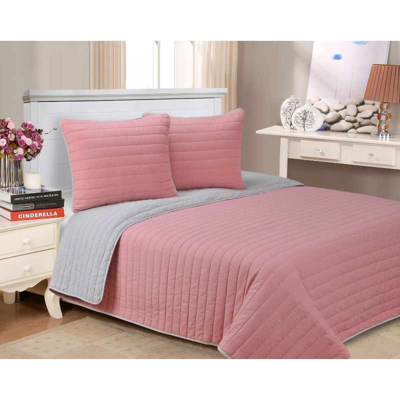 Solid Cotton Reversible Farmhouse Reversible Quilt and Sham Set, Twin, Pink - Blue Nile Mills, 1 of 2