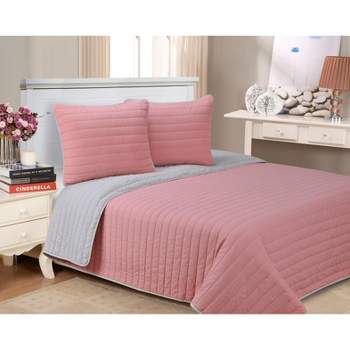 Solid Cotton Reversible Farmhouse Reversible Quilt and Sham Set, Twin, Pink - Blue Nile Mills