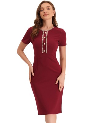 Allegra K Women's Work Business Round Neck Tweed Trim Short Sleeve Sheath Dress
