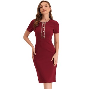 Allegra K Women's Work Business Round Neck Tweed Trim Short Sleeve Sheath Dress - 1 of 4
