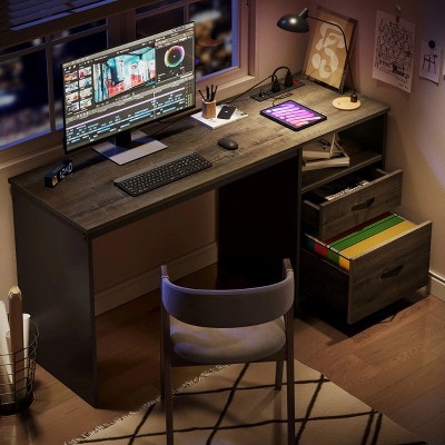 Retro Grey Oak Adjustable Height Standing Desk with Drawer and Power Outlet