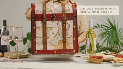 Antique Red Faux Leather and Wood Wine Box with Brass Accents