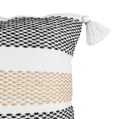 Tan and Black Hand Woven Outdoor Pillow with Tassels