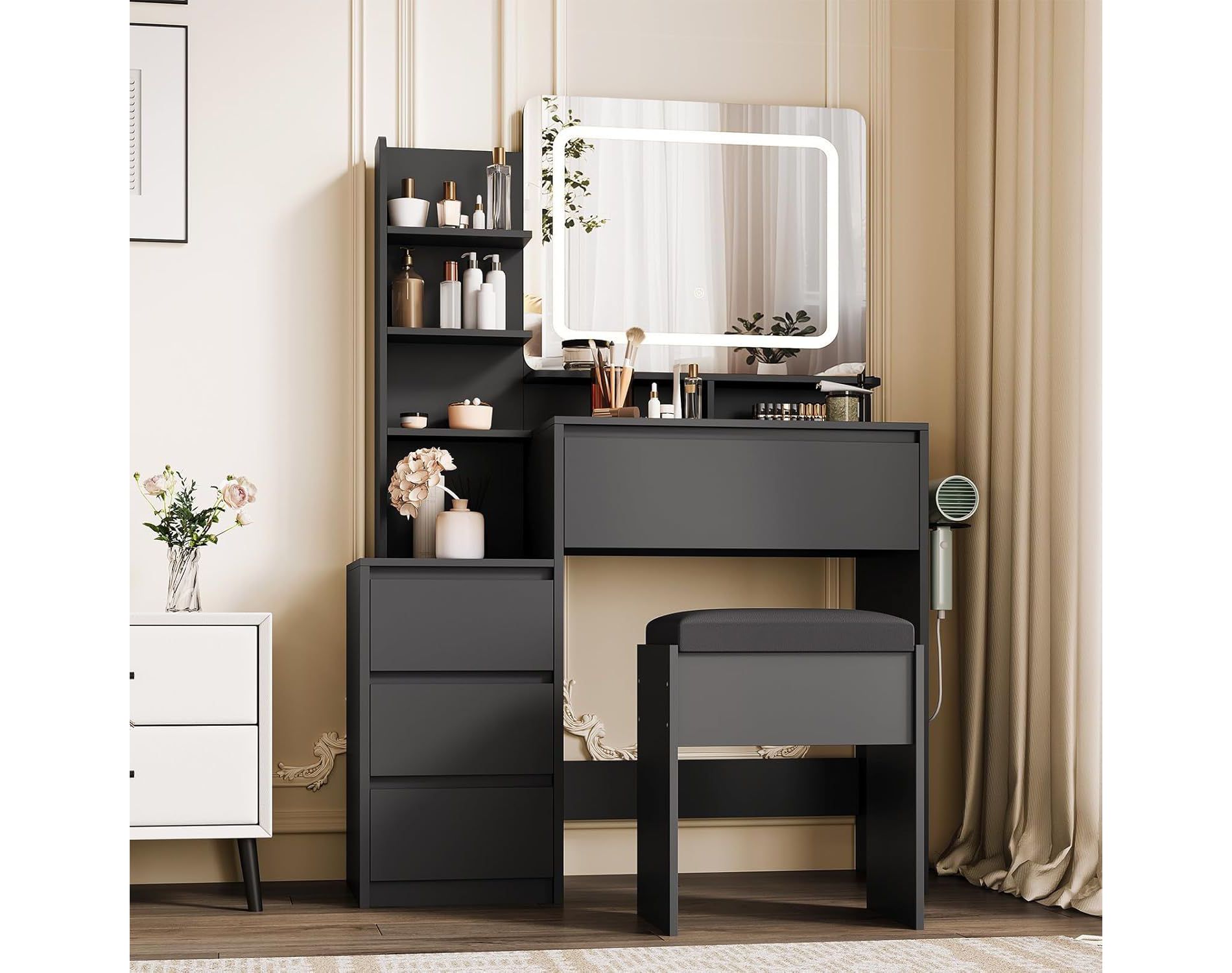 Acekool 36" Vanity Desk with Mirror & LED Lights, Power Outlets, USB Ports, 4 Drawers, Storage Shelves, Stool, 3-Color Lighting for Bedroom, Black