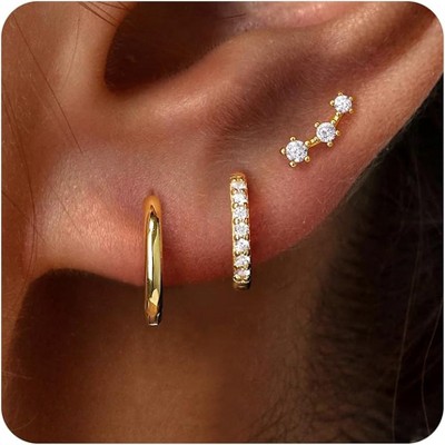 Small Sterling Silver Huggie Hoop Earrings Set for Women, 14K Gold Plated Hoops Stacks for Multiple Piercings