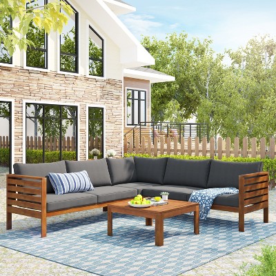 FIONECA Wood Structure Outdoor Sofa Set with Gray Cushions, Exotic Design, Acacia Wood Frame, Water-Resistant & UV-Protected