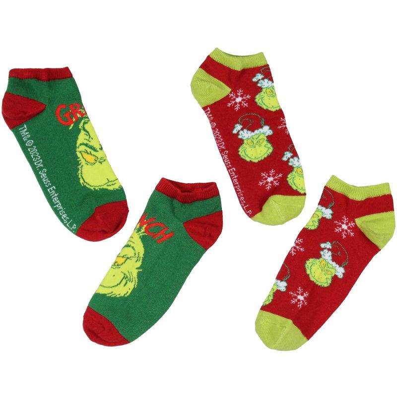 Dr Seuss The Grinch Socks Adult Christmas Holiday No-Show Ankle Socks 2 Pairs Multicoloured, 2 of 5