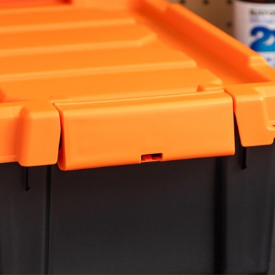 Heavy Duty Black and Orange Stackable Plastic Storage Bins with Lids