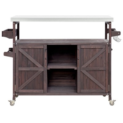 CLIHOME Outdoor Kitchen Island, Rolling Bar Cart & Storage Cabinet, Farmhouse Outdoor Grill Table with Stainless Steel Top, Towel Rack