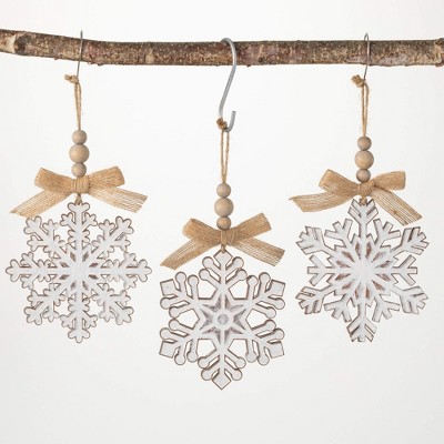 6.25"H Sullivans Wood Snowflake Ornament - Set of 3  White Christmas Ornaments