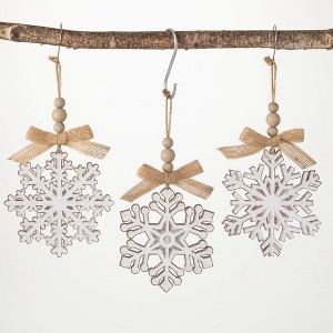 6.25"H Sullivans Wood Snowflake Ornament - Set of 3  White Christmas Ornaments - 1 of 2