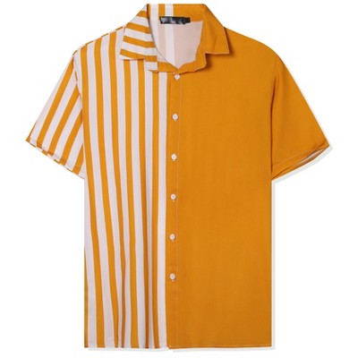INSPIRE CHIC Men's Striped Patchwork Short Sleeved Color Block Summer Beach Shirt