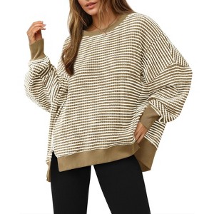 Imily Bela Women's Fall Oversized Waffle Knit Sweatshirt Casual Long Sleeve Crewneck Split Pullover Tunic Tops Khaki L - 1 of 4