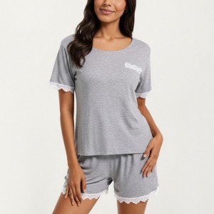 Anna-Kaci Lounge Women's Lace Trim Short Sleeve Pajama Set with Pocket Detail - 1 of 4