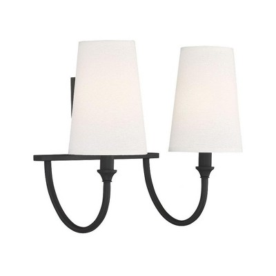 Cameron Matte Black 2-Light Vanity with Tall White Fabric Shades