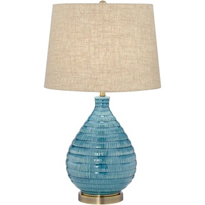 360 Lighting Mid Century Modern Table Lamp Textured Ceramic Sky Blue Glaze Linen Fabric Tapered Drum Shade for Living Room Bedroom