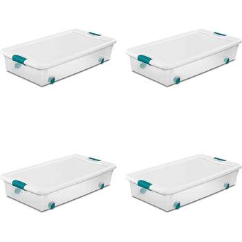 Sterilite 56 Qt Wheeled Latching Storage Box, Stackable Bin with Latch Lid, Plastic Container to Organize Shoes Underbed, Clear with White Lid, 4-Pack