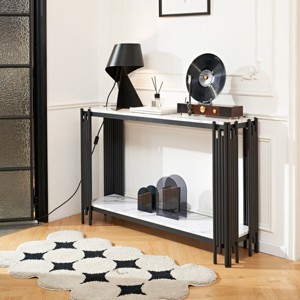 2 Tier Faux Marbling Console Table,Modern Rectangular Narrow Entryway Table,Console Table With Metal Legs,Adjustable Feet-Cuddlewood - 1 of 4