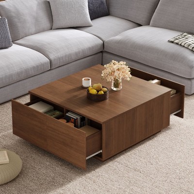 PAGED Square Wooden Coffee Table, Modern Side Table with 4 Storage Drawers, 33.25" Center Table for Living Room, Bedroom