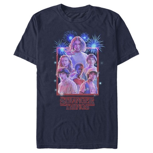 Men s Stranger Things Fourth of July Character Frame T Shirt Navy Blue Small