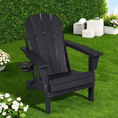 FURNIinspire Patio Accent Chairs Folding Adirondack Chair, Outdoor Adirondack Chair With Cup Holder, Wood Texture Folding Chair, Black, 32"*29"*36"