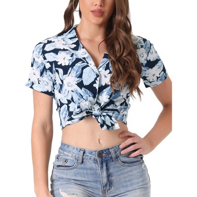 Allegra K Women's Hawaiian Floral Leaves Printed Short Sleeve Button Down Vintage Shirt