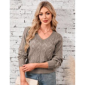 Womens V Neck Drop Shoulder Knit Pullover Long Sleeve Sweater - 1 of 4