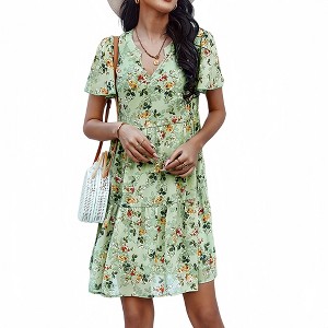 Anna-Kaci Women's Short Sleeve V-Neck Tiered Floral Print Mini Dress with Relaxed Flowing Silhouette - 1 of 4