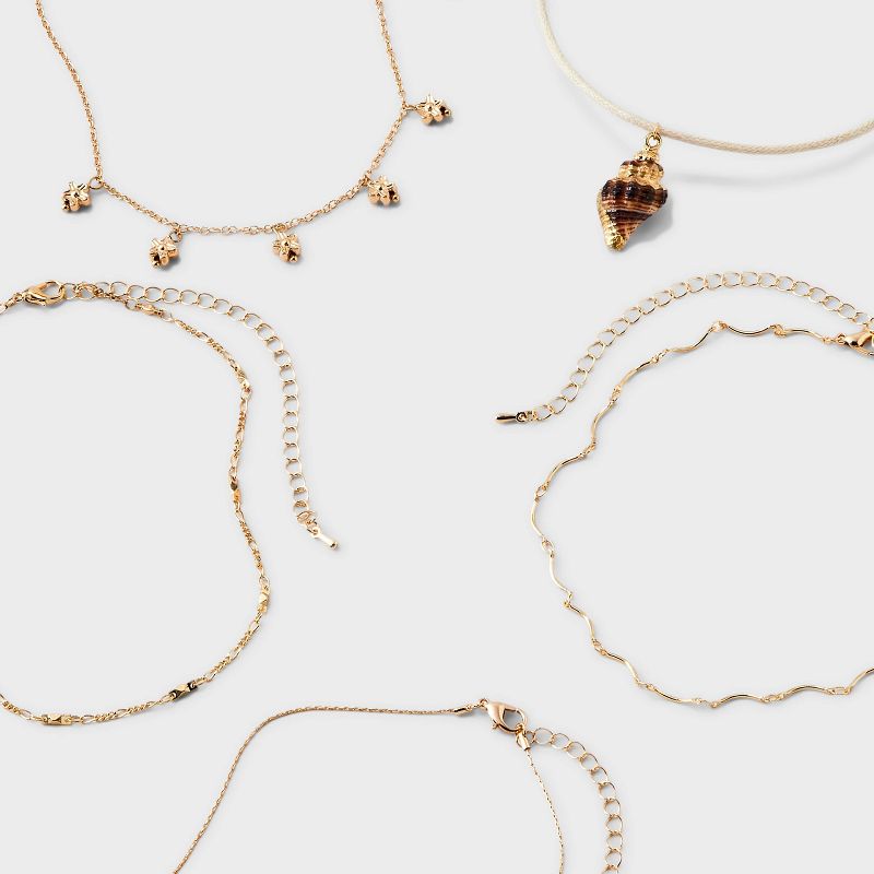 Dainty Chain Choker Necklace with Shell Heishi and Flower Charms Set 5pc - Wild Fable&#8482; Gold, 3 of 6