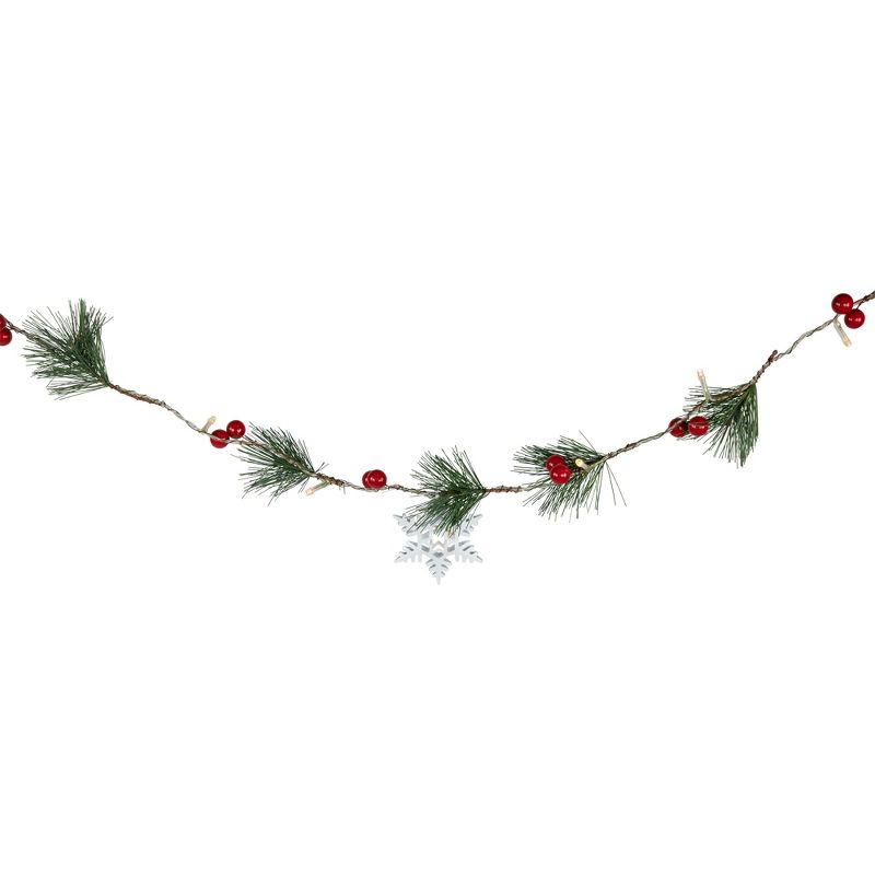 Northlight Pre-Lit B/O Pine, Berry and Snowflake Christmas Garland - 6' - Warm White LED Lights, 4 of 8