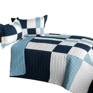 Slickblue Full/Queen Size 3PC Patchwork Quilt Set, Vermicelli Quilted, Blue/Black, Handmade, 3-Piece Set - 1 of 4