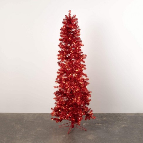 Artificial Red Illuminated 7' Tinsel Tree Red - image 1 of 3